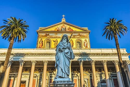Saint Paul statue facade, Papal Basilica of Saint Paul, Rome, Italy. Art Print